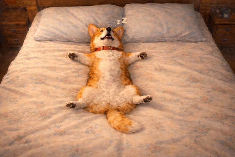 Корги пемброк лежит на диване, заняв всё пространство