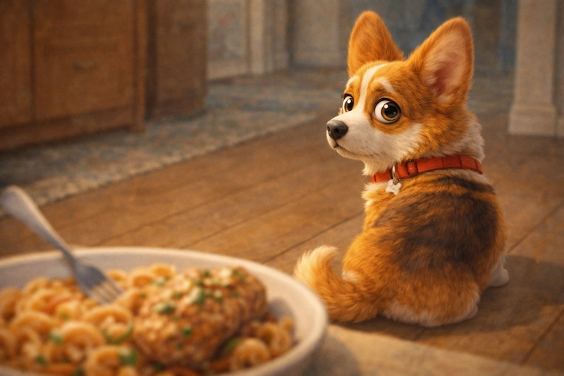 Корги пемброк с голодными глазами смотрит на еду