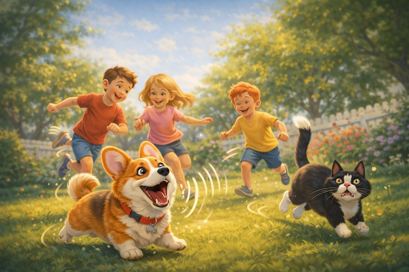 Корги пемброк бежит за ребёнком на прогулке