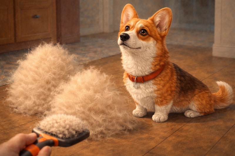 Гора шерсти рядом с корги после вычёсывания